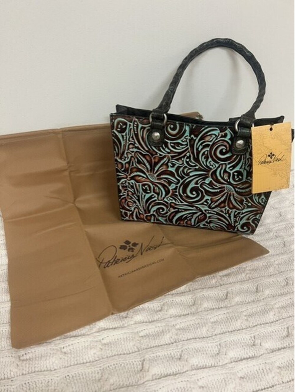NWT Patricia Nash Tooled Leather Shoulder Tote Bag – Turquoise & Brown Floral